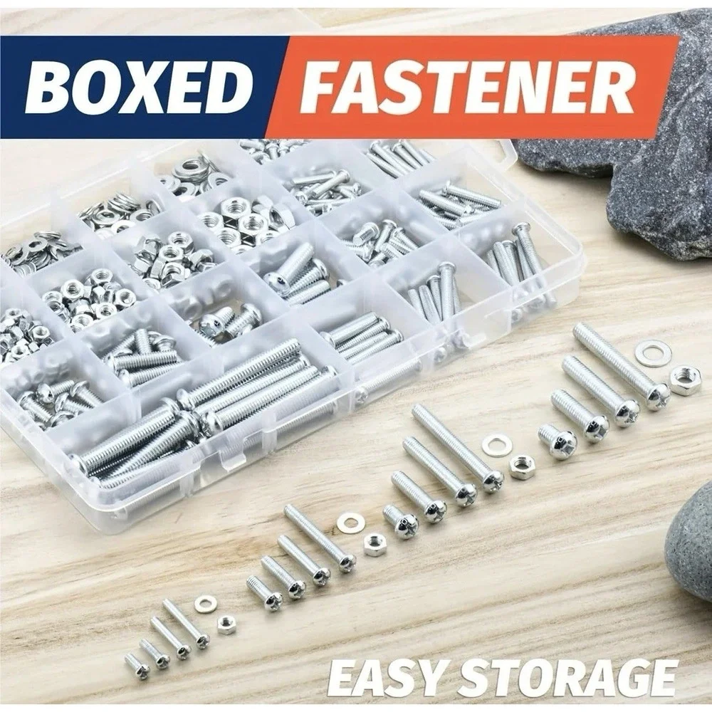 600Pcs Screws Bolts Nuts Assortment Kit Metric Screws and Flat Washers Head Sets